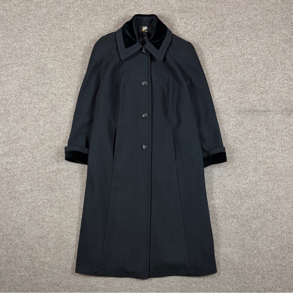 Vintage Black Wool Long Single Breasted Coat Women’s 20W Velour Trim Overcoat